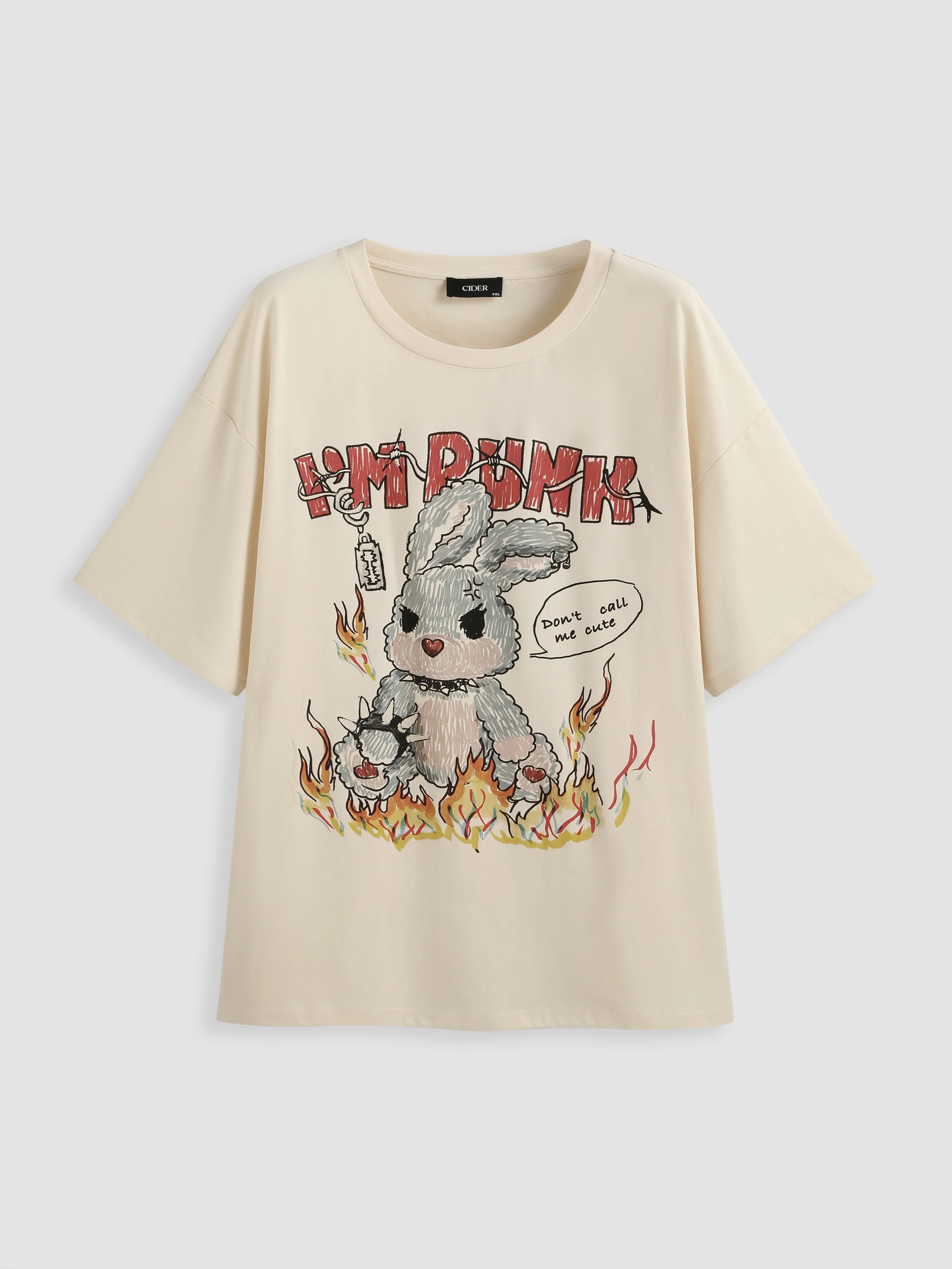 Camiseta de Manga Corta con Gráfico de Conejo y Cuello Redondo Curvy